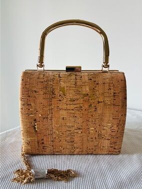 Cork Mini Handbag, Goldtone with beige & gold metallic shimmering pattern